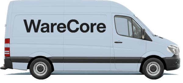 A pale blue WareCore van
