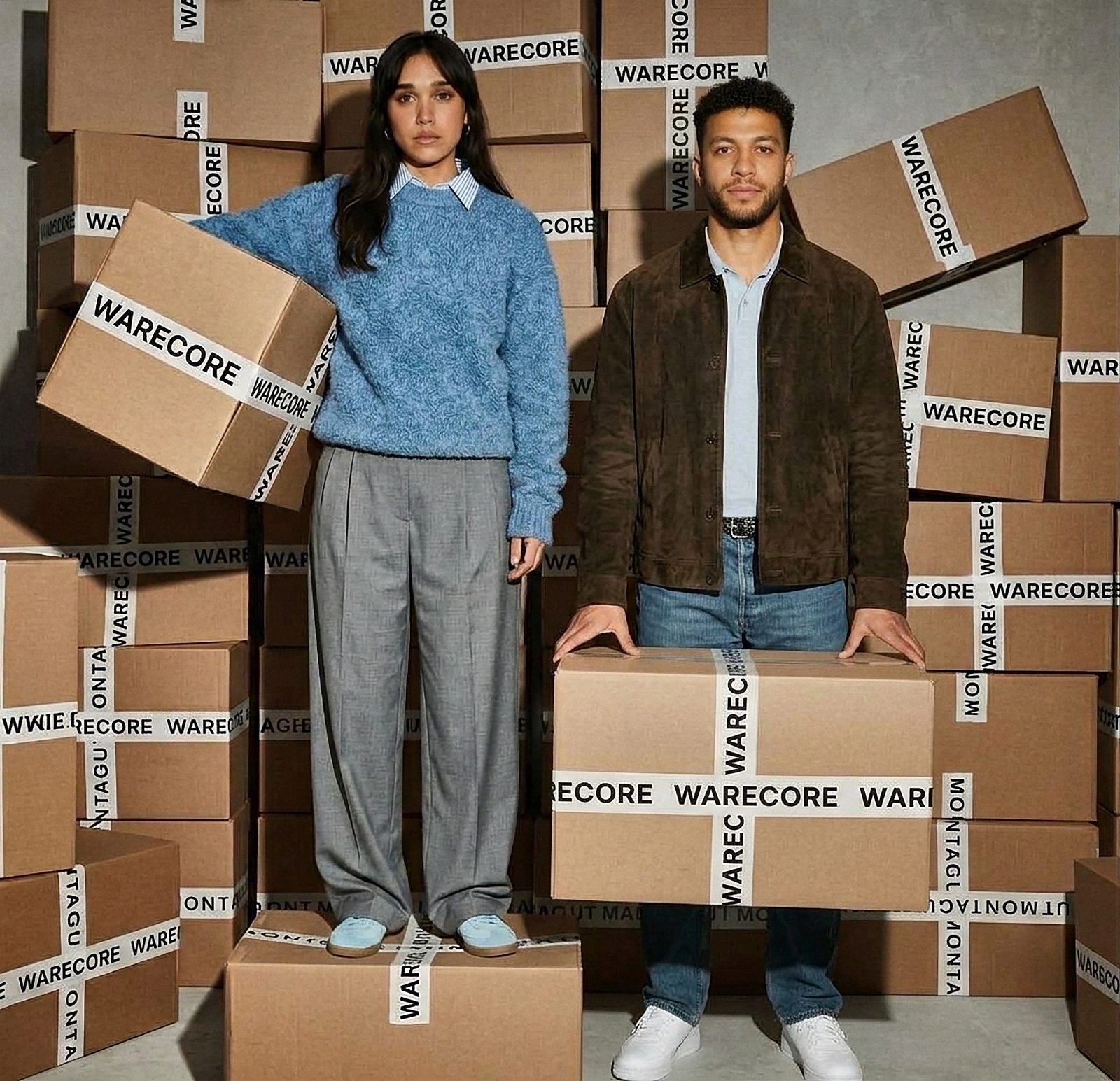 Salma and Ahmed standing among walls of WareCore-taped boxes